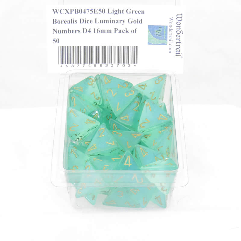 WCXPB0475E50 Light Green Borealis Dice Luminary Gold Numbers D4 16mm Pack of 50 (ONLINE ORDER ONLY)