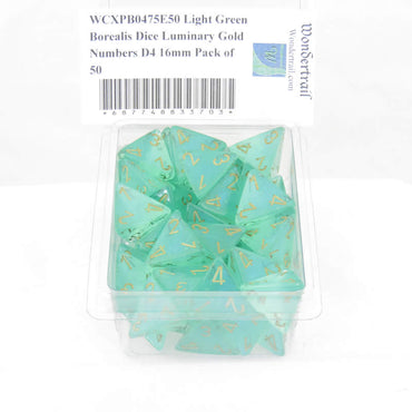 WCXPB0475E50 Light Green Borealis Dice Luminary Gold Numbers D4 16mm Pack of 50 (ONLINE ORDER ONLY)