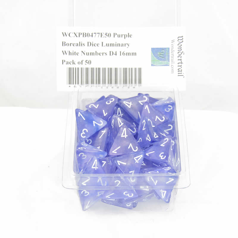 WCXPB0477E50 Purple Borealis Dice Luminary White Numbers D4 16mm Pack of 50 (ONLINE ORDER ONLY)