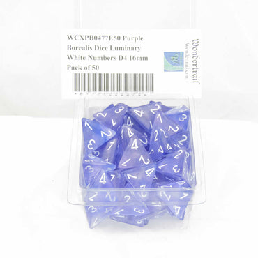 WCXPB0477E50 Purple Borealis Dice Luminary White Numbers D4 16mm Pack of 50 (ONLINE ORDER ONLY)