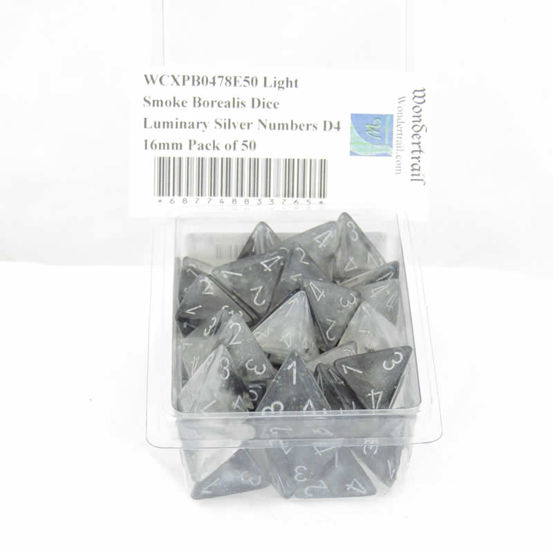 WCXPB0478E50 Light Smoke Borealis Dice Luminary Silver Numbers D4 16mm Pack of 50 (ONLINE ORDER ONLY)