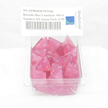 WCXPB0484E50 Pink Borealis Dice Luminary Silver Numbers D4 16mm Pack of 50 (ONLINE ORDER ONLY)
