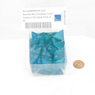 WCXPB0485E50 Teal Borealis Dice Luminary Gold Numbers D4 16mm Pack of 50 (ONLINE ORDER ONLY)