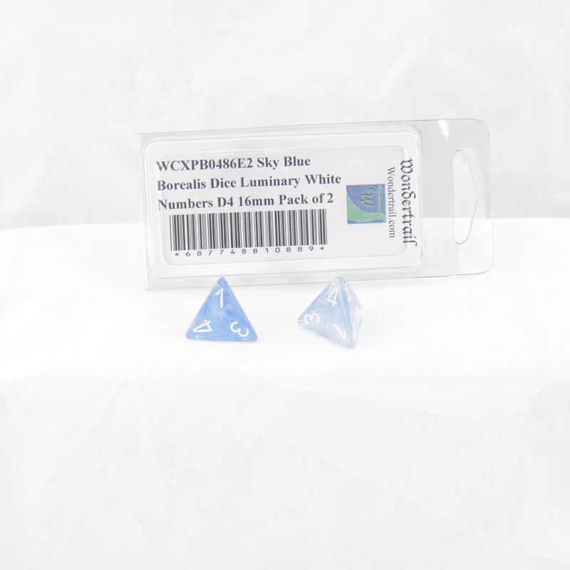 WCXPB0486E2 Sky Blue Borealis Dice Luminary White Numbers D4 16mm Pack of 2 (ONLINE ORDER ONLY)