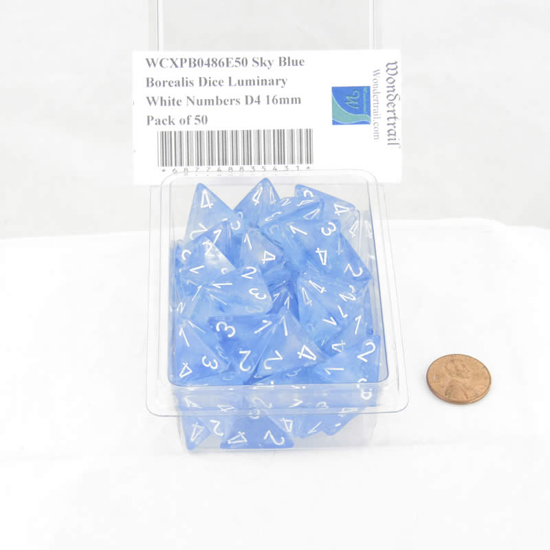 WCXPB0486E50 Sky Blue Borealis Dice Luminary White Numbers D4 16mm Pack of 50 (ONLINE ORDER ONLY)
