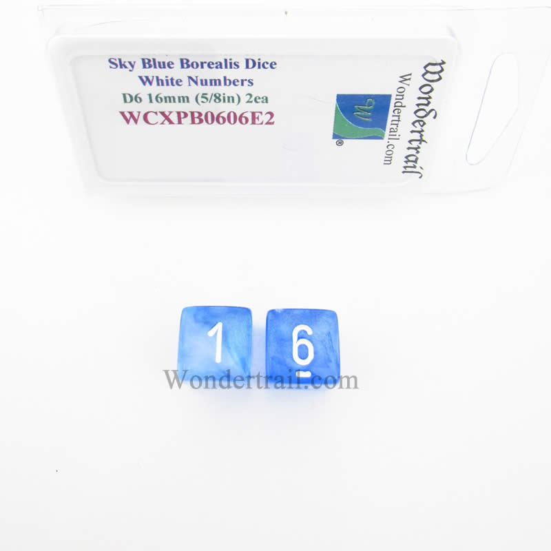WCXPB0606E2 Sky Blue Borealis Dice White Numbers D6 16mm Pack of 2 (ONLINE ORDER ONLY)