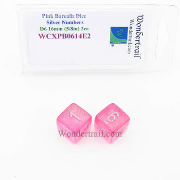 WCXPB0614E2 Pink Borealis Dice Silver Numbers D6 16mm (5/8in) Pack of 2 (ONLINE ORDER ONLY)