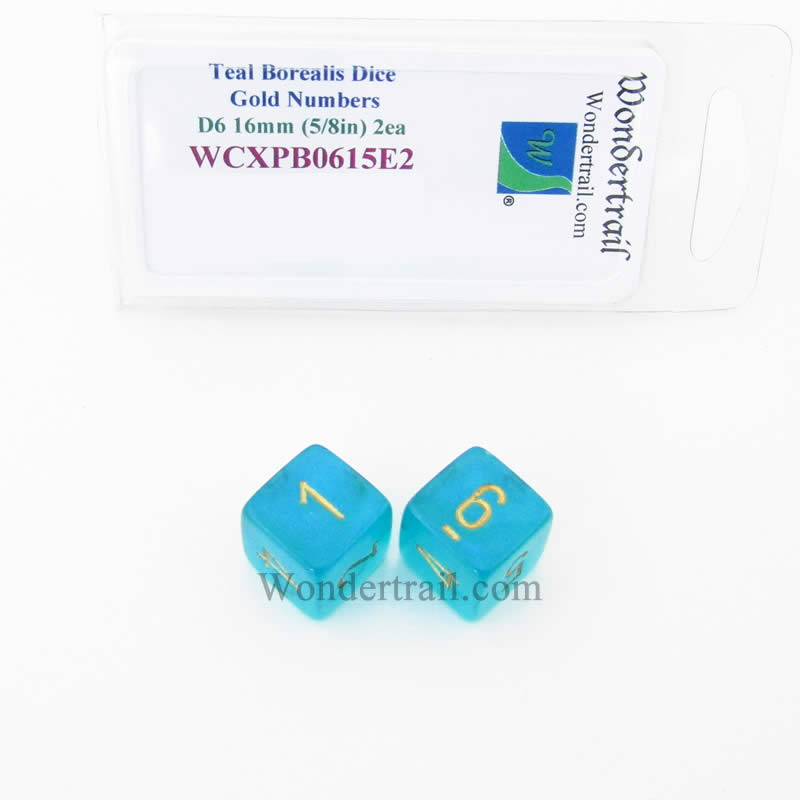 WCXPB0615E2 Teal Borealis Dice Gold Numbers D6 16mm (5/8in) Pack of 2 (ONLINE ORDER ONLY)