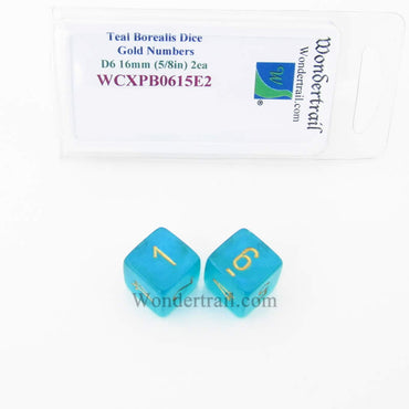 WCXPB0615E2 Teal Borealis Dice Gold Numbers D6 16mm (5/8in) Pack of 2 (ONLINE ORDER ONLY)