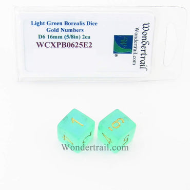 WCXPB0625E2 Light Green Borealis Dice Gold Numbers D6 16mm Pack of 2 (ONLINE ORDER ONLY)