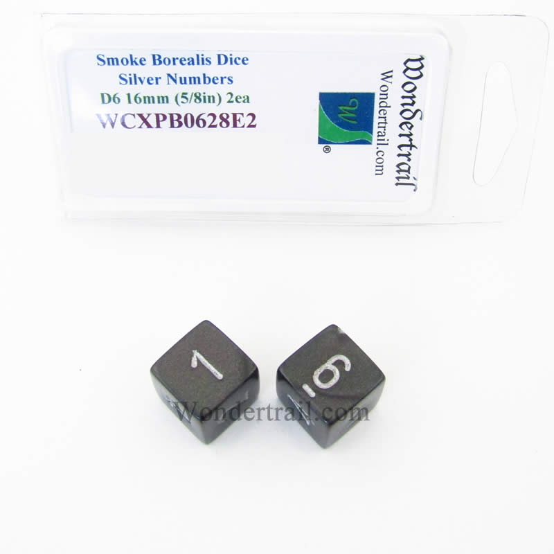 WCXPB0628E2 Smoke Borealis Dice Silver Numbers D6 16mm Pack of 2 (ONLINE ORDER ONLY)