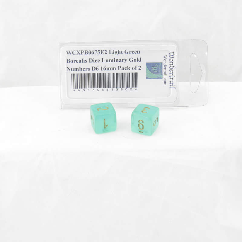 WCXPB0675E2 Light Green Borealis Dice Luminary Gold Numbers D6 16mm Pack of 2 (ONLINE ORDER ONLY)