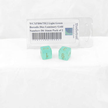 WCXPB0675E2 Light Green Borealis Dice Luminary Gold Numbers D6 16mm Pack of 2 (ONLINE ORDER ONLY)