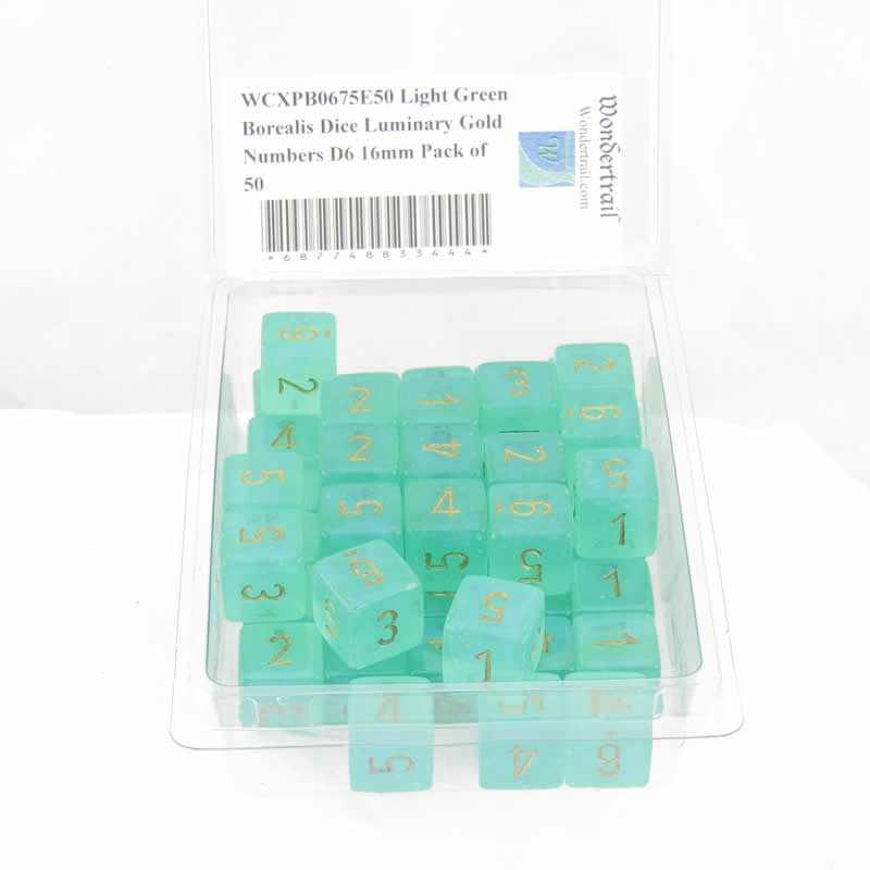 WCXPB0675E50 Light Green Borealis Dice Luminary Gold Numbers D6 16mm Pack of 50 (ONLINE ORDER ONLY)