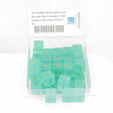 WCXPB0675E50 Light Green Borealis Dice Luminary Gold Numbers D6 16mm Pack of 50 (ONLINE ORDER ONLY)