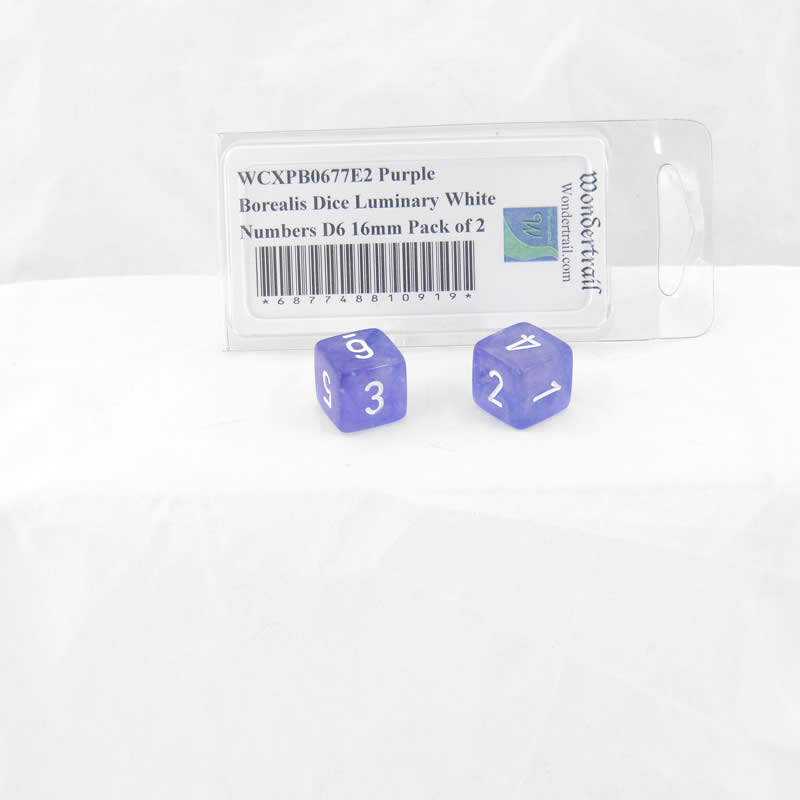 WCXPB0677E2 Purple Borealis Dice Luminary White Numbers D6 16mm Pack of 2 (ONLINE ORDER ONLY)