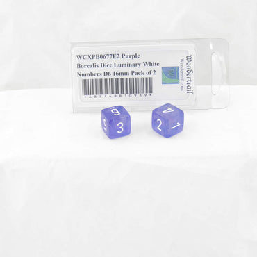 WCXPB0677E2 Purple Borealis Dice Luminary White Numbers D6 16mm Pack of 2 (ONLINE ORDER ONLY)