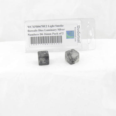 WCXPB0678E2 Light Smoke Borealis Dice Luminary Silver Numbers D6 16mm Pack of 2 (ONLINE ORDER ONLY)