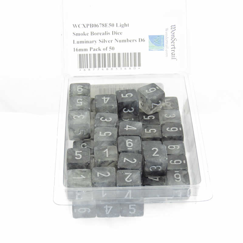 WCXPB0678E50 Light Smoke Borealis Dice Luminary Silver Numbers D6 16mm Pack of 50 (ONLINE ORDER ONLY)