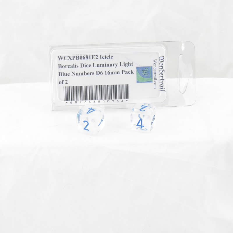 WCXPB0681E2 Icicle Borealis Dice Luminary Light Blue Numbers D6 16mm Pack of 2 (ONLINE ORDER ONLY)