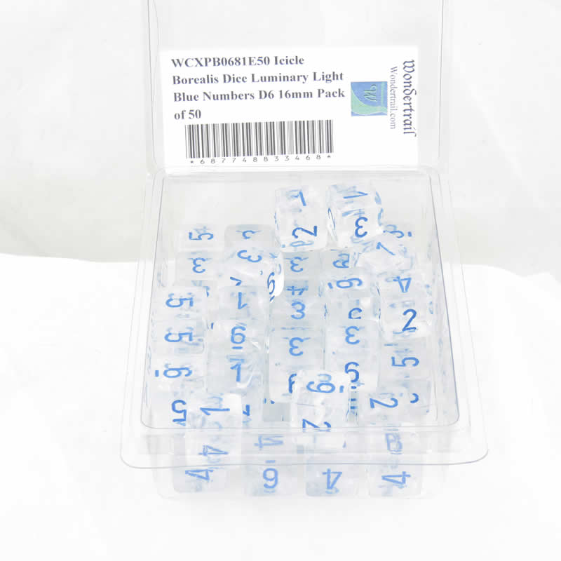 WCXPB0681E50 Icicle Borealis Dice Luminary Light Blue Numbers D6 16mm Pack of 50 (ONLINE ORDER ONLY)