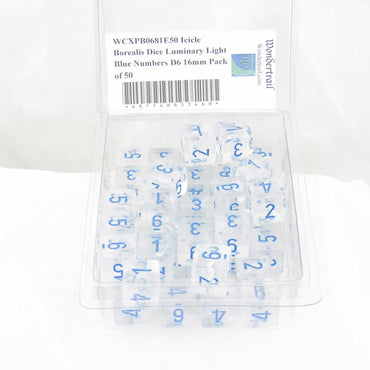 WCXPB0681E50 Icicle Borealis Dice Luminary Light Blue Numbers D6 16mm Pack of 50 (ONLINE ORDER ONLY)
