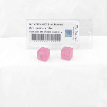 WCXPB0684E2 Pink Borealis Dice Luminary Silver Numbers D6 16mm Pack of 2 (ONLINE ORDER ONLY)