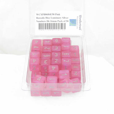 WCXPB0684E50 Pink Borealis Dice Luminary Silver Numbers D6 16mm Pack of 50 (ONLINE ORDER ONLY)