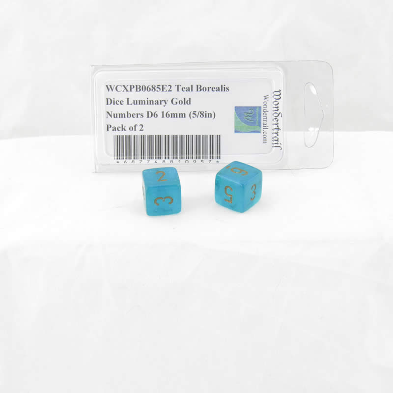 WCXPB0685E2 Teal Borealis Dice Luminary Gold Numbers D6 16mm (5/8in) Pack of 2 (ONLINE ORDER ONLY)