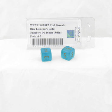 WCXPB0685E2 Teal Borealis Dice Luminary Gold Numbers D6 16mm (5/8in) Pack of 2 (ONLINE ORDER ONLY)