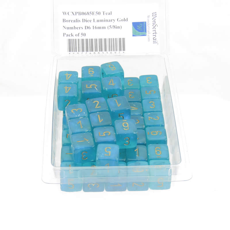 WCXPB0685E50 Teal Borealis Dice Luminary Gold Numbers D6 16mm (5/8in) Pack of 50 (ONLINE ORDER ONLY)