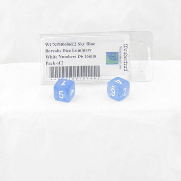 WCXPB0686E2 Sky Blue Borealis Dice Luminary White Numbers D6 16mm Pack of 2 (ONLINE ORDER ONLY)