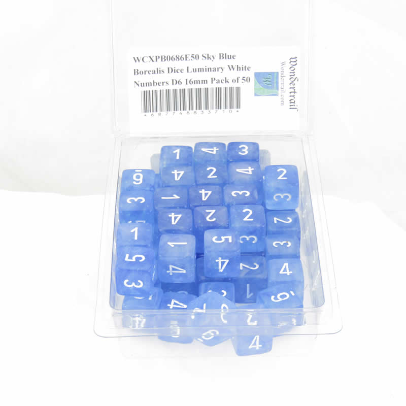 WCXPB0686E50 Sky Blue Borealis Dice Luminary White Numbers D6 16mm Pack of 50 (ONLINE ORDER ONLY)