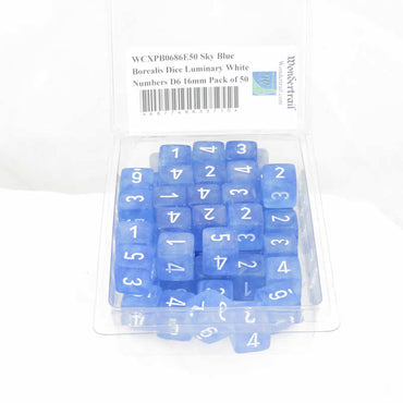 WCXPB0686E50 Sky Blue Borealis Dice Luminary White Numbers D6 16mm Pack of 50 (ONLINE ORDER ONLY)