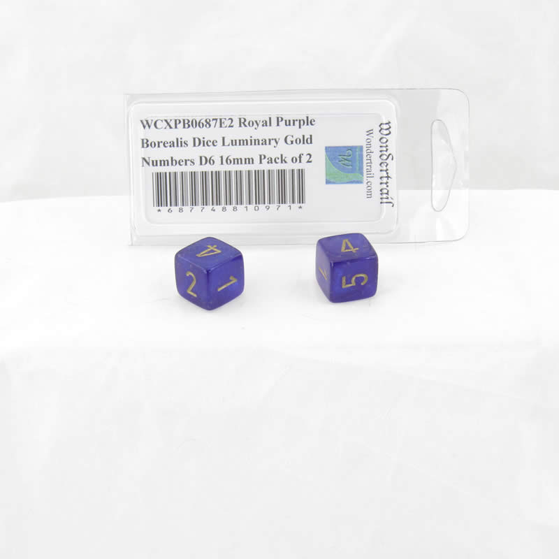 WCXPB0687E2 Royal Purple Borealis Dice Luminary Gold Numbers D6 16mm Pack of 2 (ONLINE ORDER ONLY)