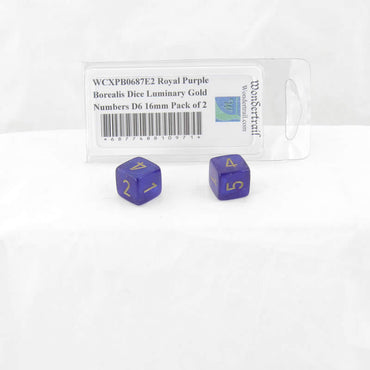 WCXPB0687E2 Royal Purple Borealis Dice Luminary Gold Numbers D6 16mm Pack of 2 (ONLINE ORDER ONLY)