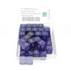 WCXPB0687E50 Royal Purple Borealis Dice Luminary Gold Numbers D6 16mm Pack of 50 (ONLINE ORDER ONLY)