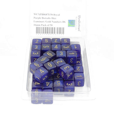 WCXPB0687E50 Royal Purple Borealis Dice Luminary Gold Numbers D6 16mm Pack of 50 (ONLINE ORDER ONLY)