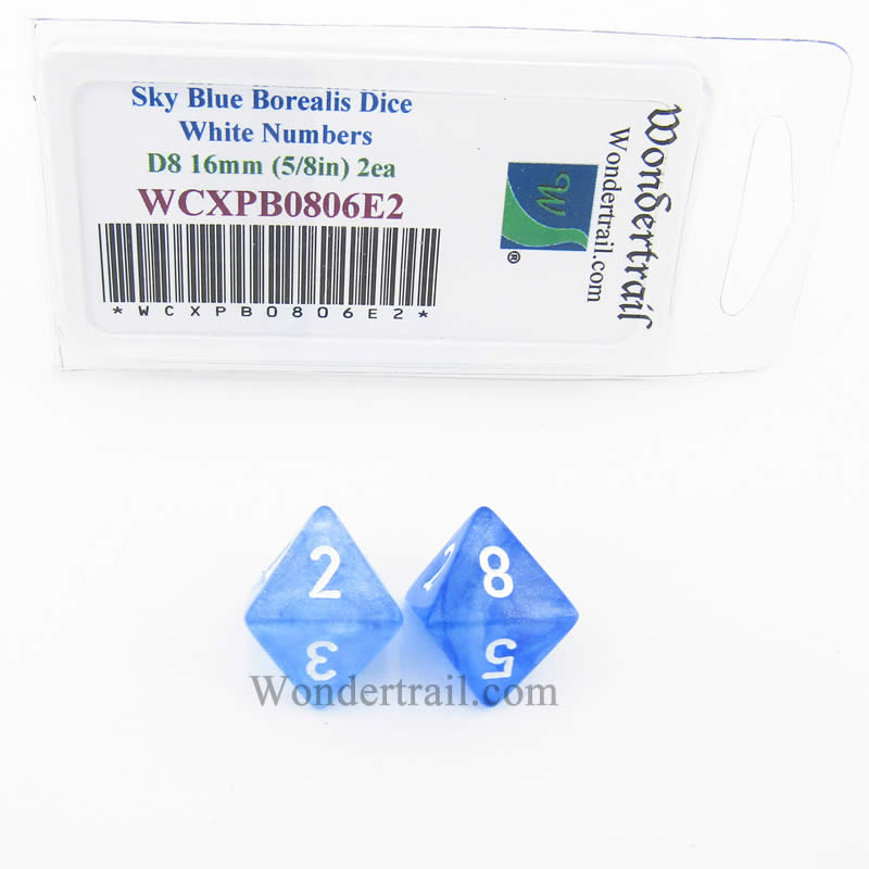 WCXPB0806E2 Sky Blue Borealis Dice White Numbers D8 16mm Pack of 2 (ONLINE ORDER ONLY)