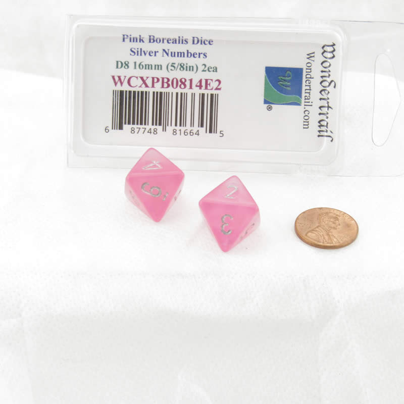 WCXPB0814E2 Pink Borealis Dice Silver Numbers D8 16mm Pack of 2 (ONLINE ORDER ONLY)