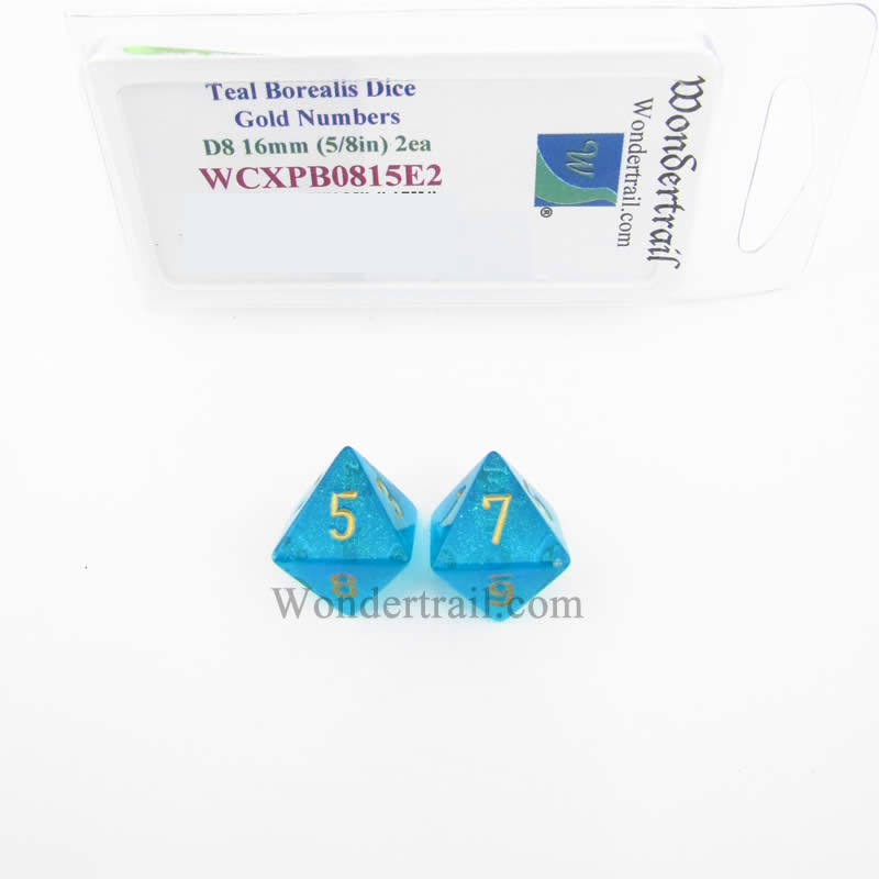 WCXPB0815E2 Teal Borealis Dice Gold Numbers D8 16mm Pack of 2 (ONLINE ORDER ONLY)
