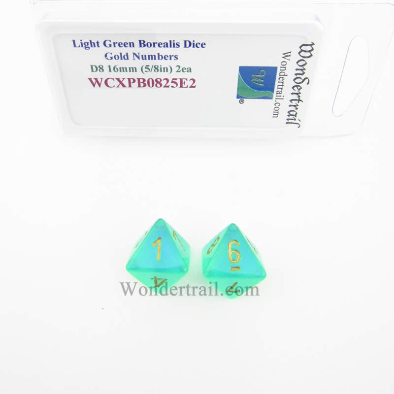 WCXPB0825E2 Light Green Borealis Dice Gold Numbers D8 16mm Pack of 2 (ONLINE ORDER ONLY)