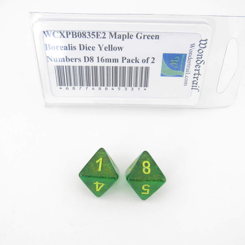 WCXPB0835E2 Maple Green Borealis Dice Yellow Numbers D8 16mm Pack of 2 (ONLINE ORDER ONLY)