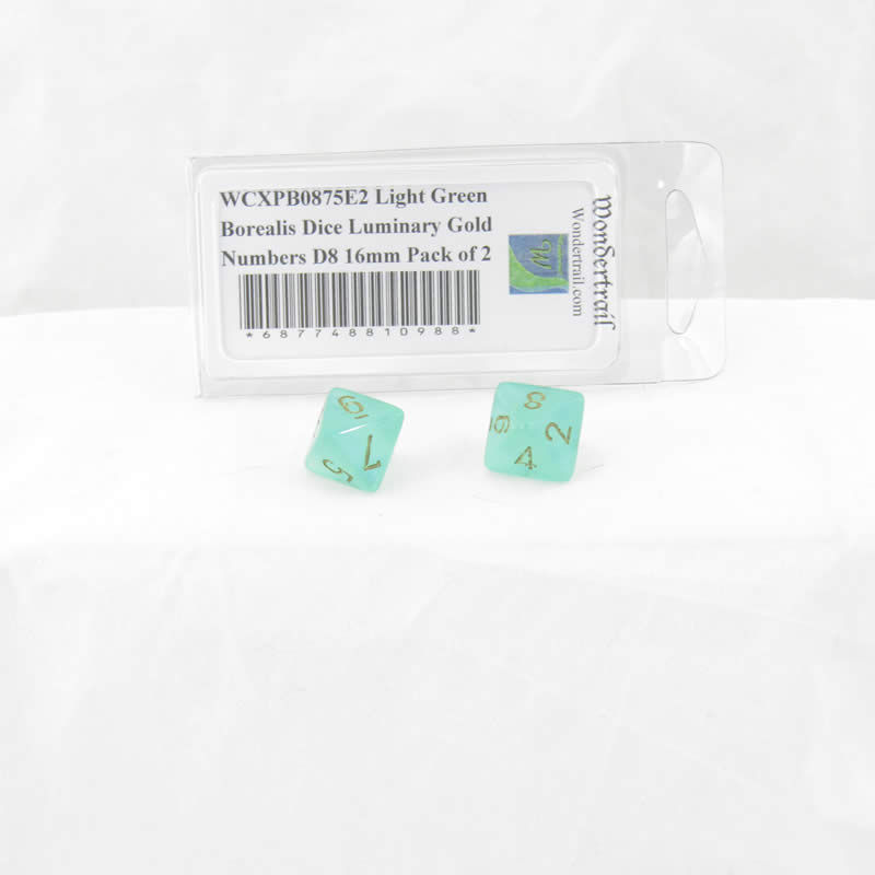 WCXPB0875E2 Light Green Borealis Dice Luminary Gold Numbers D8 16mm Pack of 2 (ONLINE ORDER ONLY)