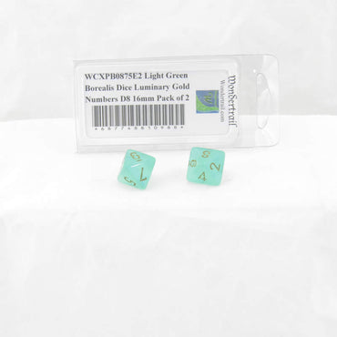 WCXPB0875E2 Light Green Borealis Dice Luminary Gold Numbers D8 16mm Pack of 2 (ONLINE ORDER ONLY)