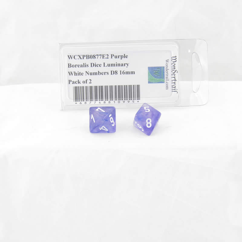 WCXPB0877E2 Purple Borealis Dice Luminary White Numbers D8 16mm Pack of 2 (ONLINE ORDER ONLY)