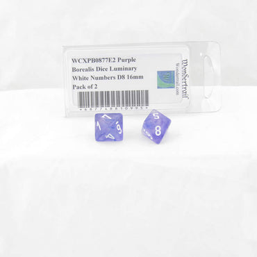 WCXPB0877E2 Purple Borealis Dice Luminary White Numbers D8 16mm Pack of 2 (ONLINE ORDER ONLY)