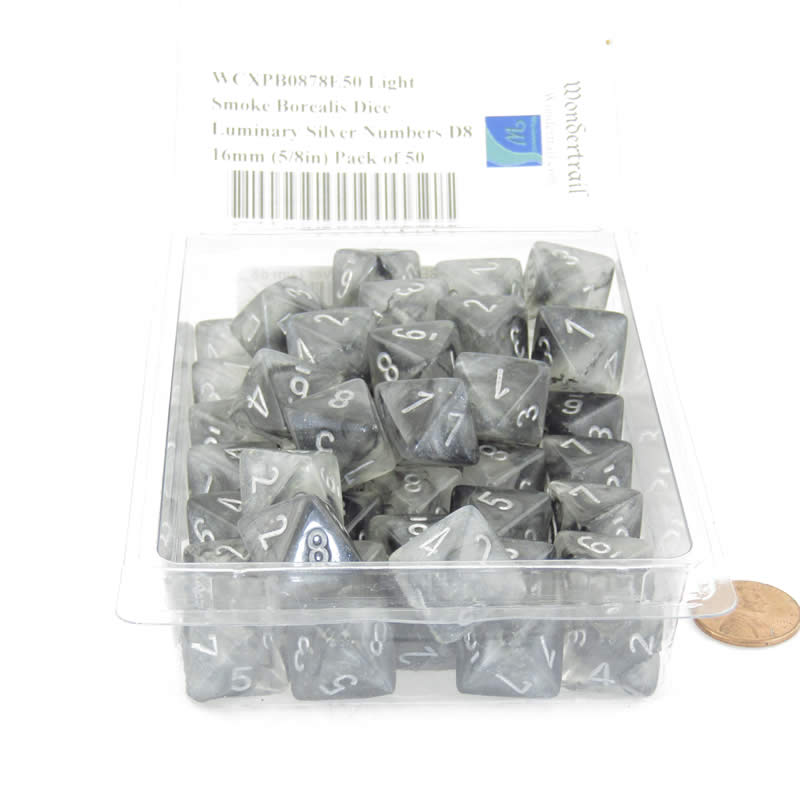 WCXPB0878E50 Light Smoke Borealis Dice Luminary Silver Numbers D8 16mm (5/8in) Pack of 50 (ONLINE ORDER ONLY)