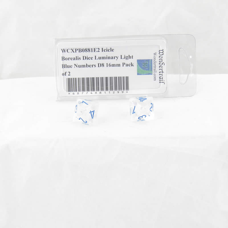 WCXPB0881E2 Icicle Borealis Dice Luminary Light Blue Numbers D8 16mm Pack of 2 (ONLINE ORDER ONLY)