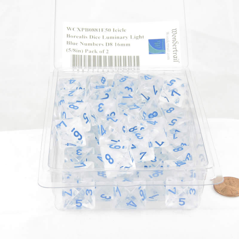 WCXPB0881E50 Icicle Borealis Dice Luminary Light Blue Numbers D8 Aprox 16mm Pack of 50 (ONLINE ORDER ONLY)